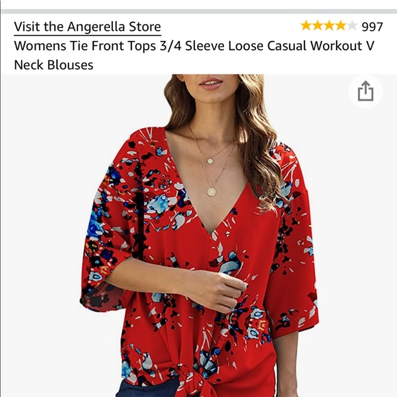 Tie Front Tops 3/4 Sleeve Loose V-Neck Blouse - Picture 6 of 10